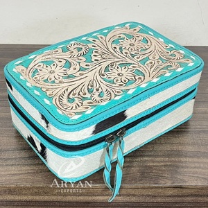 2026 Premium Turquoise Floral Design <b>Tooled</b> Leather Women Jewelry <b>Cases</b> Real Cowhide Fur Leather Gifts & Jewelry Organizer Box - Product Image 1