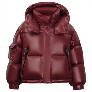 Custom Logo Men's Cropped Puffer Jacket men Maroon Glossy Oversized Hooded <b>Quilted</b> Padded Short Winter Sleeve Pocket OEM - Product Image 1