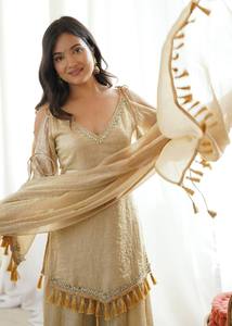 Beige Embroidered Ethnic <b>Shawl</b> Tassel Border Silk Scarf Wrap for <b>Wedding</b> Festival Wear - Product Image 4