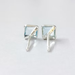 Blue Topaz Stud <b>Earrings</b> (925 Sterling Silver Square Shape) Minimalist Lightweight Comfortable All Day Wear - Product Image 3
