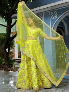Yellow Floral Embroidered <b>Lehenga</b> Choli with Organza Dupatta Scoop Neck Short Sleeve A-Line Floor-Length Bridesmaid Dress - Product Image 6