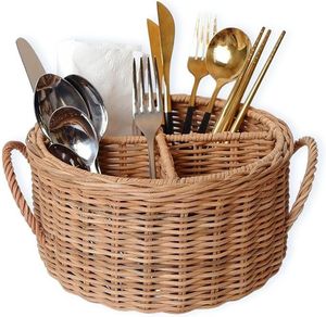 Handmade Woven Rattan Utility <b>Caddy</b> Basket For Organizing <b>Kitchen</b> Tools Cutlery Napkins And Dining Accessories - Product Image 1