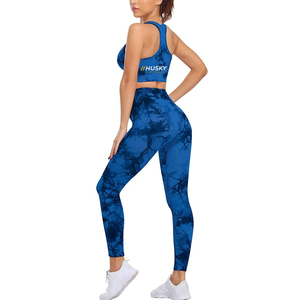 HUSKY Women's Ribbed Sports <b>Bra</b> Leggings Set <b>Blue</b> Seamless Fitness Wear Breathable Racerback Scoop Neck High Support - Product Image 6