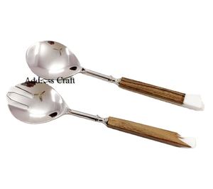 Outil de service en acier inoxydable de haute qualité avec poignée en résine de bois ensemble de serveur de salade noël saint valentin événements vaisselle couverts - Product Image 1