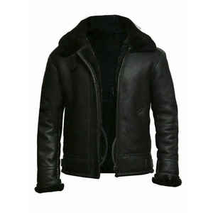 Blouson aviateur en cuir véritable noir pour homme avec doublure en fausse fourrure, fermeture éclair, vêtement d'extérieur d'hiver, style motard - Product Image 1