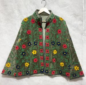 Premium Green <b>Velvet</b> Embroidered Suzani <b>Jacket</b> With Floral Pattern Full Sleeve Stand Collar Bohemian <b>Women</b> Winter Outerwear - Product Image 1