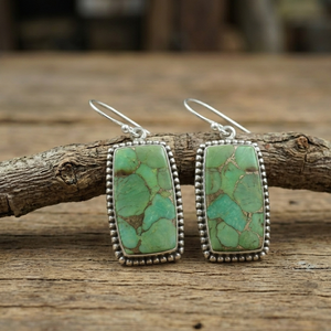 Pendientes Colgantes de Turquesa Verde Cobre, Plata 925, Chapados en Oro Rosa y Oro Amarillo, Joyería Rectangular Boho Hecha a Mano para Mujer - Product Image 1