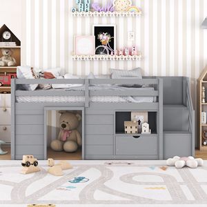 Letto a soppalco basso in legno massello per bambini, con scaletta e cassetto, colore grigio - Product Image 2