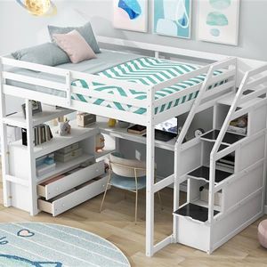 White Full Size Loft Bed with Desk and Shelves Two Built-in Drawers and Storage Staircase Kids' Furniture - Product Image 4