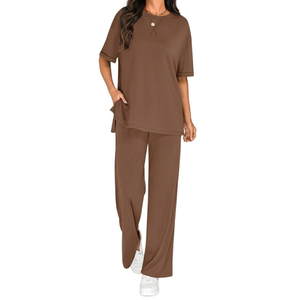 Short Sleeve Crew Neck Co-ord <b>Set</b> For Women's With Drawstring Waist And Wide Leg Pants Perfect Casual Summer Outfit Women's <b>Sets</b> - Product Image 4