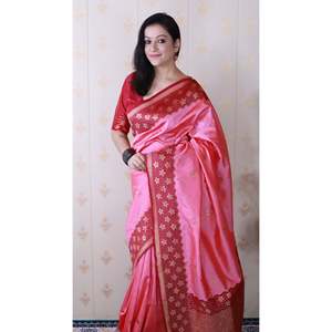 Sari de Seda Suave Rosa Bebé, Tejido Banarasi Ondulado con Zari Único, para Vestir de Noche, por Elite Weaves, 650g - Product Image 3