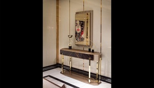 Ensemble de table à manger en teck massif de luxe moderne, contemporain, 6 chaises, piétement brillant doré, mobilier de salle à manger, villa, hôtel - Product Image 2