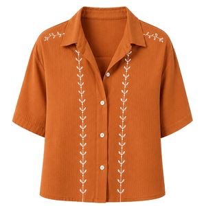 Camisa Corta Bordada Color Naranja Quemado para Mujer, Blusa Casual de Verano con Botones, Mezcla de Lino, Logotipo Personalizado, Top de Moda - Product Image 1
