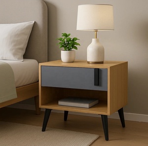 Mango Wood Bedside <b>Table</b> with Grey Drawer and Open Shelf Modern Nightstand with <b>Black</b> Legs for Bedroom Decor - Product Image 1