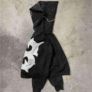 Sweat-shirt à capuche oversize en molleton pour homme, noir et blanc, avec logo EB appliqué, style streetwear, fermeture éclair sur le devant, pour l'automne - Product Image 4