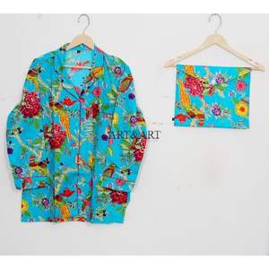 Ensemble de pyjama en coton fait main pour femmes, imprimé floral d'été, respirant, doux, séchage rapide, confortable, longueur intégrale, vêtements de nuit - Product Image 2