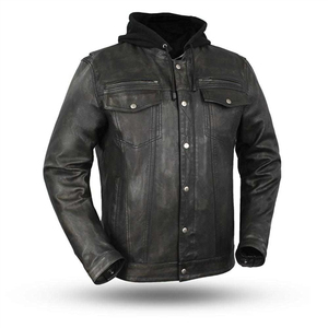 <b>Men's</b> Black Genuine <b>Leather</b> Motorcycle <b>Jacket</b> Moto Biker Style Stand Collar Zipper Closure Windproof Autumn Wear - Product Image 5