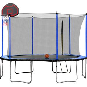 15FT Blue <b>Trampoline</b> with Basketball Hoop Inflator and Ladder Inner Safety <b>Enclosure</b> - Product Image 1