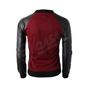 Wool-Body Breathable <b>Black</b> Cowhide Leather Sleeve Crew-neck Longed-Zippers Autumn Winter Varsity's <b>Jackets</b> - Product Image 2