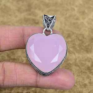 Pendentif en calcédoine rose naturelle facettée, fait main, en argent sterling 925, forme cœur, pierre précieuse, bijoux vintage - Product Image 3