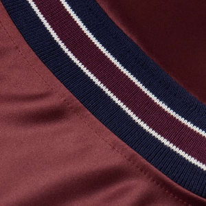 Men's <b>Burgundy</b> Satin Varsity <b>Jacket</b> With Navy Stripe Trim Turn-down Collar Regular Fit Preppy Style Autumn Wear - Product Image 6