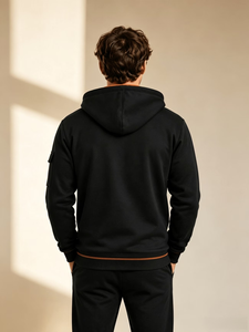 Men's Black Hooded Sweatshirt Regular Fit French Terry Cotton Casual Autumn Wear Orange Lining Pocket Customizable Personalized - Product Image 3