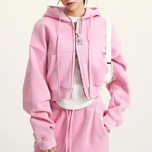 เสื้อฮู้ดดี้โอเวอร์ไซส์สีชมพูสำหรับผู้หญิง ผ้าถักเนื้อฝ้ายสีพื้น แขนปกติ ระบายอากาศได้ดี กันลม สวมใส่สบายๆ ในฤดูใบไม้ร่วง - Product Image 1