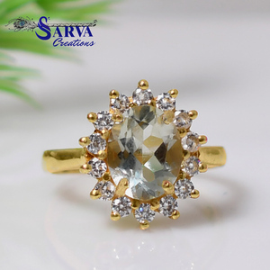Anillo de compromiso y boda de plata de ley 925 chapado en oro con amatista verde natural de corte ovalado, halo y circonitas florales. - Product Image 4