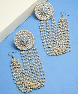 Gold Plated Bohemian Chandelier Earrings With Imitation Pearl Beads Flower Design For Women Wedding Festive Wear - Product Image 2