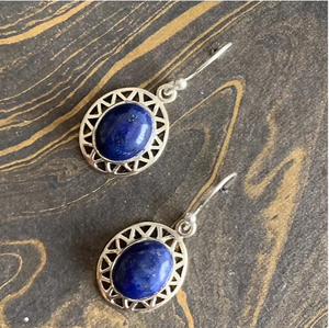 Ethnic Lapis Lazuli Oval Gemstone <b>Earrings</b> 925 Sterling Silver Geometric Cutout Frame - Natural Stone <b>Fine</b> Jewelry Wholesale - Product Image 3