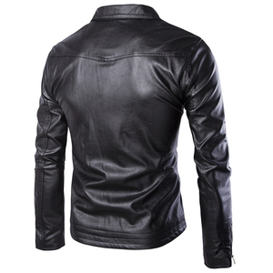 Men's Genuine <b>Leather</b> Waterproof Breathable Eco-Friendly Moto <b>Jacket</b> Stand Collar Zipper Closure Slim Fit Regular-Length Sleeves - Product Image 2