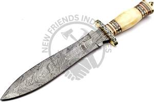 Couteau de chasse Dogger en acier de Damas avec manche en os de chameau et garde en laiton, 13 pouces, fait main, qualité supérieure, lame fixe à tranchant aiguisé - Product Image 3