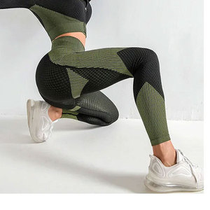 Leggings de yoga taille haute pour femmes, color block, longueur intégrale, taille élastique, en Spandex et Nylon texturé, extensibles dans les quatre sens - Product Image 5
