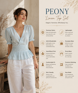 Bulk Custom Women's Solid Bohemian Cotton <b>Linen</b> Two-Piece Set V-Neck Puff Sleeves Peplum <b>Top</b> Wide-Leg Trousers Casual Summer - Product Image 2