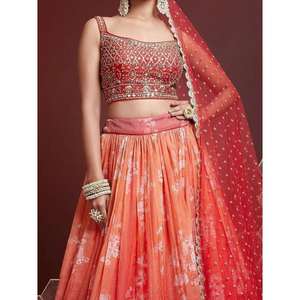 Étonnante soie organza imprimée numérique orange Lehenga Choli - Product Image 2