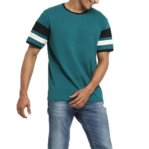 Camiseta de Manga Corta Color Verde Azulado para Hombre con Mangas a Rayas en Contraste, Cuello Redondo, Estilo Casual, Tejido de Punto - Product Image 1