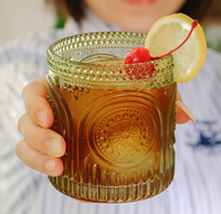 Verres à boire rétro en forme d'arche, floraux, verts, faits à la main, écologiques, verrerie vintage perlée, verres texturés pour eau et cocktails, pour les fêtes
