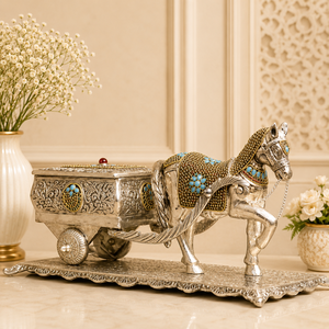 Centre de table royal indien traditionnel en métal gaufré, motif chariot de chevaux et pierre sculptée, décoration de luxe artisanale - Product Image 4