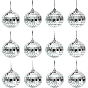 12 Buah Bola Disko Cermin Pesta Hiasan Pohon Natal Dekorasi dengan Tali Pengikat Cermin Reflektif Terang untuk Natal