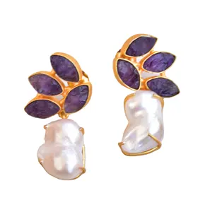 Pearl With Amethyst Drop Statement Earrings, Gold Gemstone Dangly bridal earrings, Fresh water Pearl dangle earring in wholesale