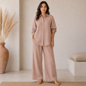 <b>Womens</b> Two Piece Co Ord Set Long Sleeve Button Down <b>Shirt</b> Wide Leg Pants Lightweight Casual Outfit | Relaxed Everyday Comfort - Product Image 4