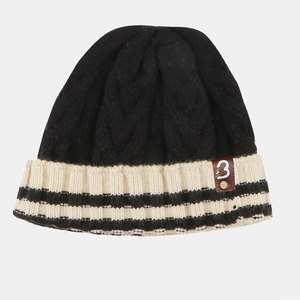 Unisex Knit Beanie <b>Hat</b> Black Cream Striped Cuff Hand Knitted Winter Outdoor Casual Adult 56-58CM - Product Image 1