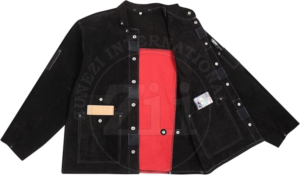 Veste de travail ignifuge noire avec panneaux rouges, coutures soudées, coupe classique, résistance à la chaleur 300°C-500°C, protection de niveau 1, 100% coton ZUNEZI - Product Image 4