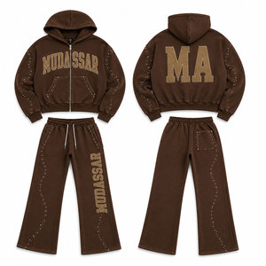 Men Hooded Tracksuit <b>Set</b> 100% Cotton Acid Washed Embossed 450 Gsm Loose Fit Rhinestone Cropped <b>Joggers</b> Casual Wear - Product Image 1