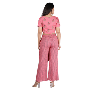 Ensemble coordonné 2 pièces pour femme : Crop top rose imprimé et pantalon palazzo rayé, manches courtes, col rond, décontracté, printemps-été - Product Image 4