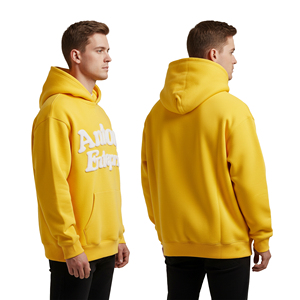 Sweat à capuche jaune pour homme, personnalisé avec impression en relief, en molleton épais, broderie de lettres en mousse, coupe oversize, style streetwear, sweat-shirt vierge - Product Image 4