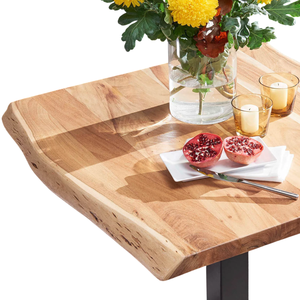 Table de salle à manger industrielle en bois d'acacia massif avec bord naturel, plateau de taille compacte et base en métal noir pour café, bistrot, bar et cuisine - Product Image 4