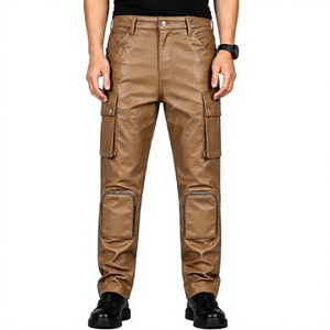 Men's Brown PU Coated <b>Cargo</b> <b>Pants</b> High Waist Multiple Pockets Workwear Style Breathable Midweight Straight Fit Autumn Wear - Product Image 3