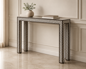 Table console moderne de luxe avec incrustations en os, plateau en métal et rangement pour entrée, salon, chambre à coucher - Product Image 3