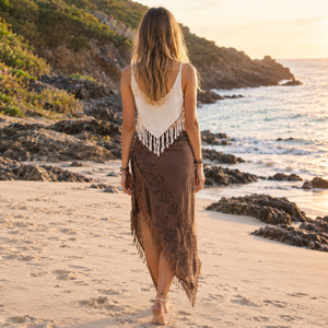 Brown Boho <b>Wrap</b> <b>Skirt</b> Geometric Pattern Natural Waist Asymmetrical <b>Maxi</b> <b>Skirt</b> Fringed Hem Casual Beach Festival Cotton Spring - Product Image 2